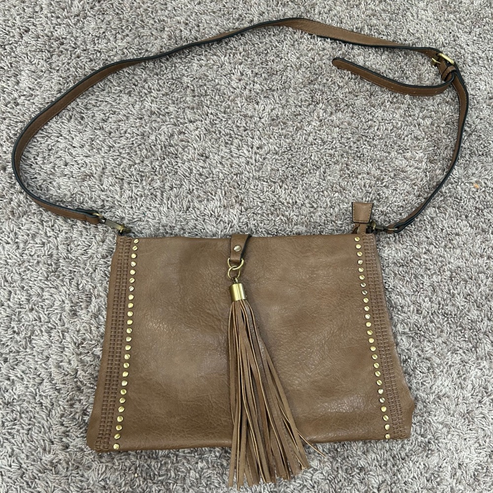 Jen‎ & Co Faux Leather Brown Crossbody Bag Studded Tassel Flap Purse